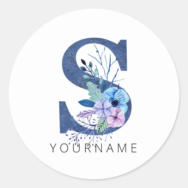 Floral Monogram S Winter Blue Blossoms Classic Round Sticker (Front)
