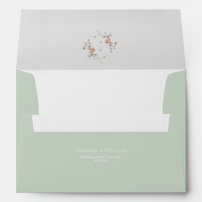 Floral Monogram Sage Green Wedding Envelope (Back (Bottom))