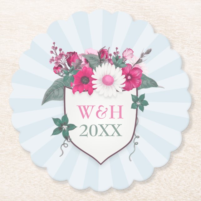 Floral monogram shield paper coaster (Front)