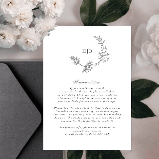 Floral Monogram Sketched Wreath Wedding Details Enclosure Card (Creator Uploaded)