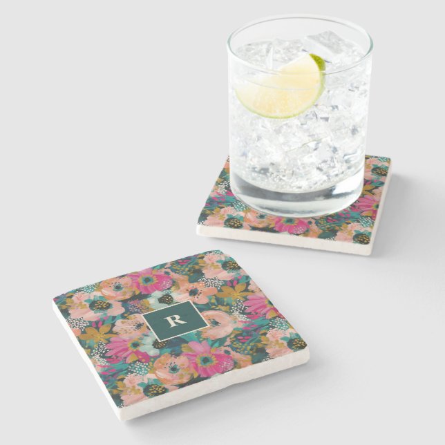 Floral Monogram Stone Coaster (Side)