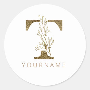 Floral Monogram T Elegant Gold Foliage Classic Round Sticker