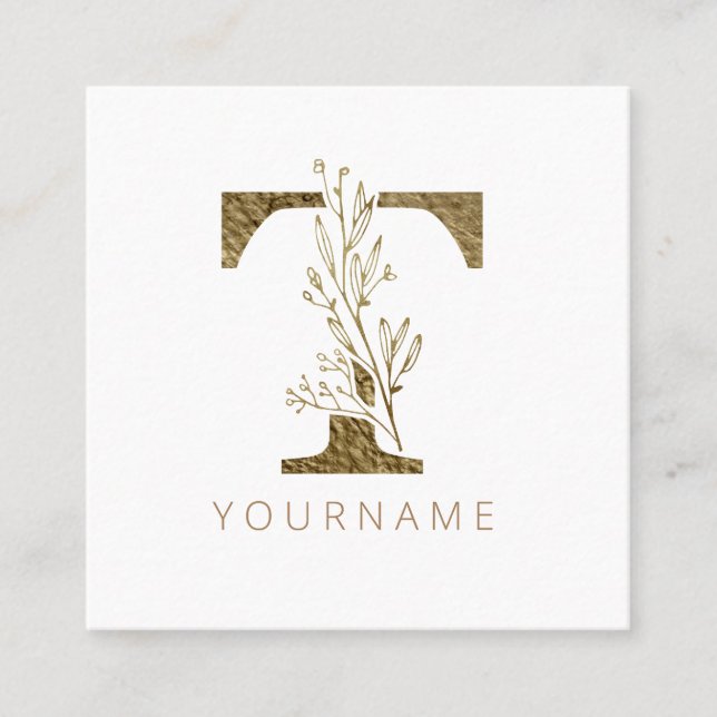 Floral Monogram T Elegant Gold Foliage Square Business Card (Front)