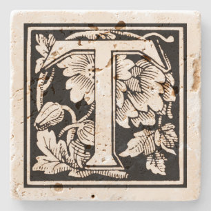 Floral Monogram 'T' in Sepia Square Stone Coaster
