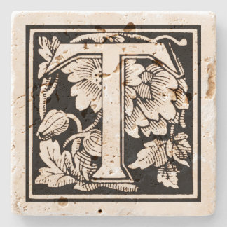 Floral Monogram 'T' in Sepia Square Stone Coaster