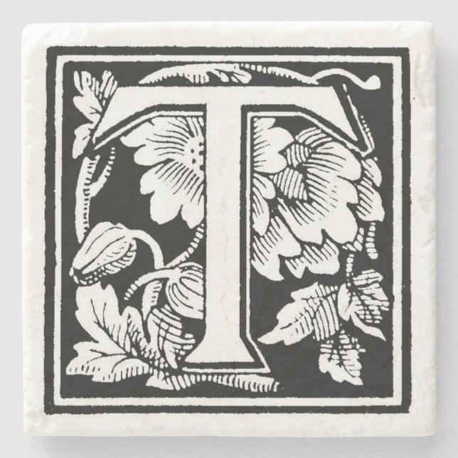 Floral Monogram 'T' Square Stone Coaster (Front)