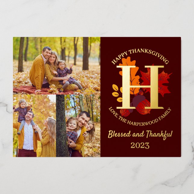 Floral Monogram Thanksgiving Family photo Collage Foil Holiday Card (Front)