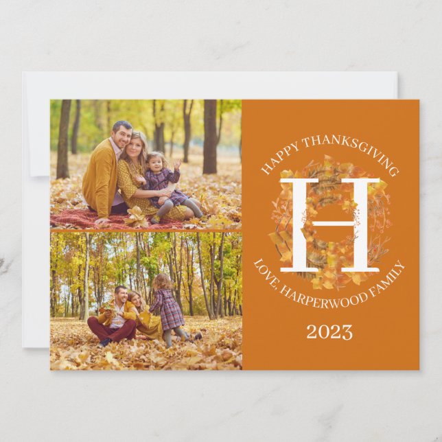 Floral Monogram Thanksgiving Family photo Collage Holiday Card (Front)
