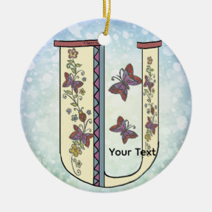 floral Monogram U Ceramic Tree Decoration