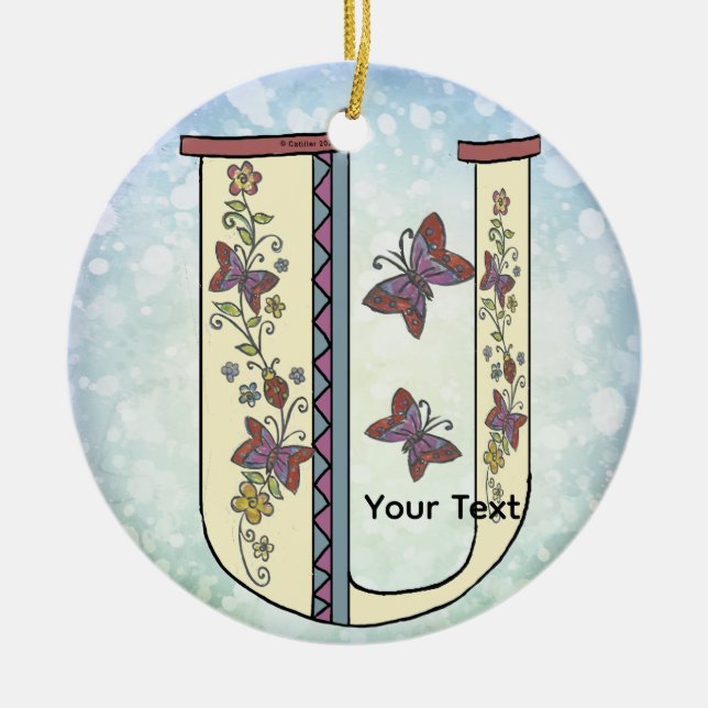floral Monogram U  Ceramic Tree Decoration (Front)