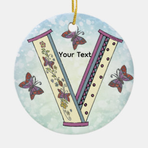 floral Monogram V Ceramic Tree Decoration