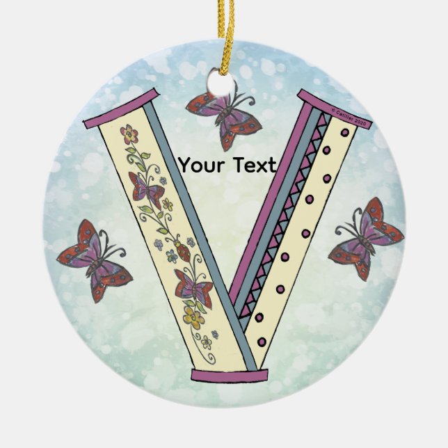 floral Monogram V Ceramic Tree Decoration (Front)