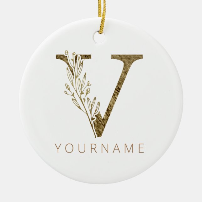 Floral Monogram V Elegant Gold Foliage Ceramic Tree Decoration (Front)