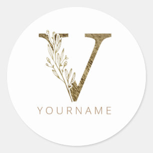 Floral Monogram V Elegant Gold Foliage Classic Round Sticker