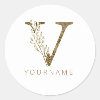 Floral Monogram V Elegant Gold Foliage Classic Round Sticker