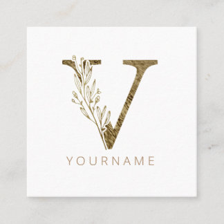 Floral Monogram V Elegant Gold Foliage Square Business Card