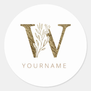 Floral Monogram W Elegant Gold Foliage Classic Round Sticker