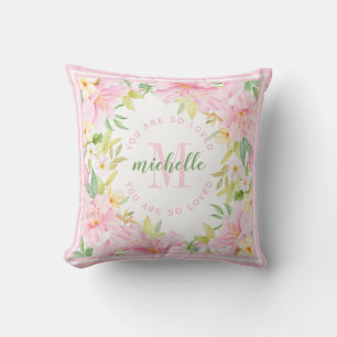 Floral Monogram Watercolor Blush Pink Baby Girl Cushion