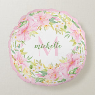 Floral Monogram Watercolor Botanical Pink Green Round Cushion
