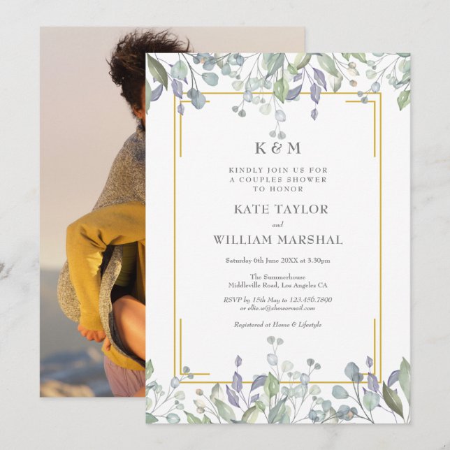 Floral Monogram Wedding Couples Shower Photo Invitation (Front/Back)