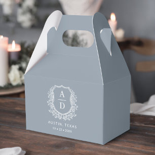 Floral Monogram Wedding Dusty Blue Crest Modern Favour Box