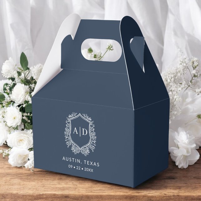 Floral Monogram Wedding Navy Blue Crest Modern Favour Box (Creator Uploaded)