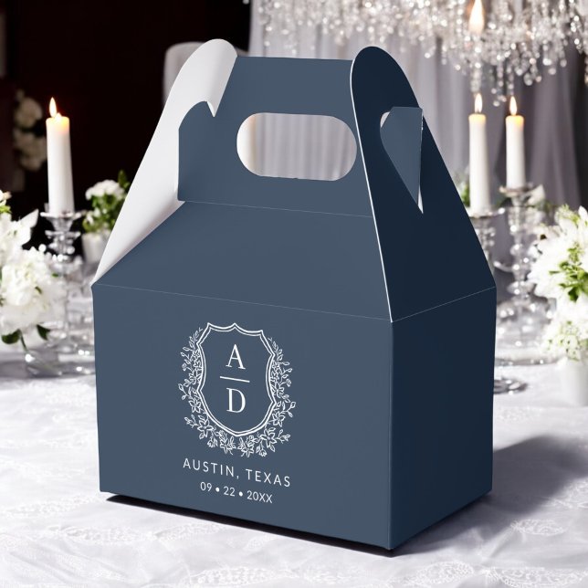 Floral Monogram Wedding Navy Blue Crest Modern Favour Box (Creator Uploaded)