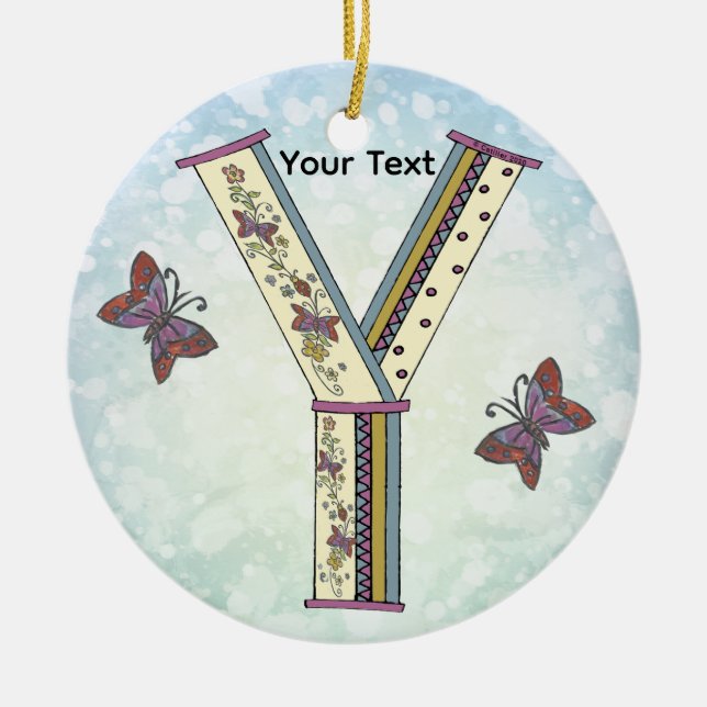 floral Monogram Y  Ceramic Tree Decoration (Front)