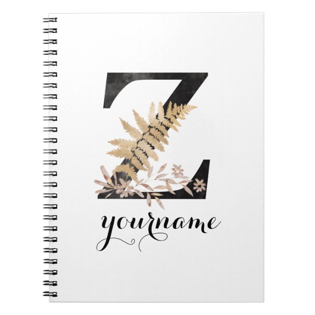 Floral Monogram Z Black Gold Flora Notebook (Front)