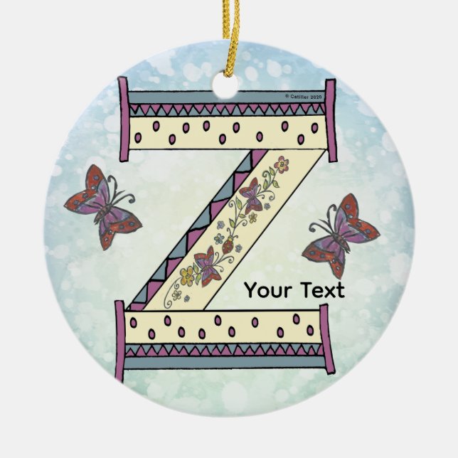 floral Monogram Z Ceramic Tree Decoration (Front)