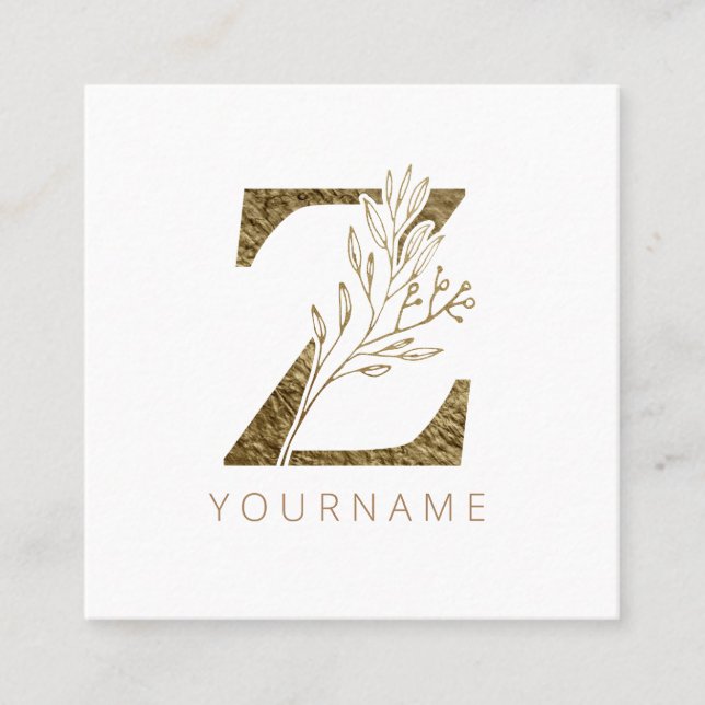 Floral Monogram Z Elegant Gold Foliage Square Business Card (Front)