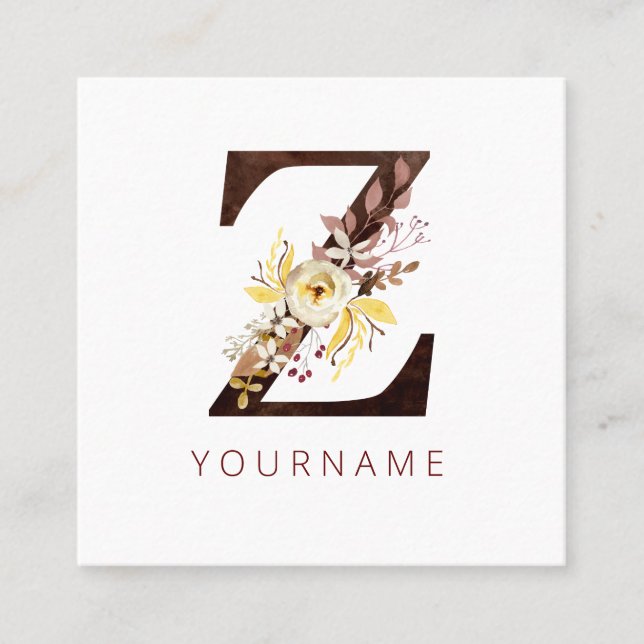 Floral Monogram Z Rich Autumn Foliage Square Business Card (Front)