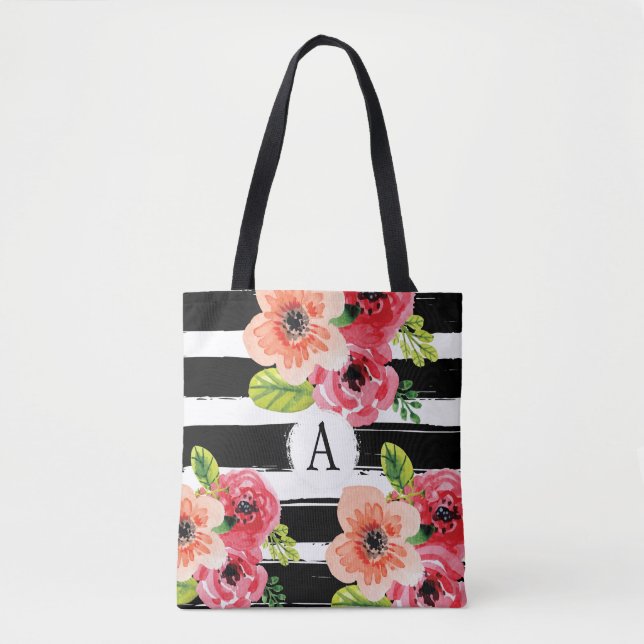 Floral Monogramed Black White Stripes | Tote Bag (Front)