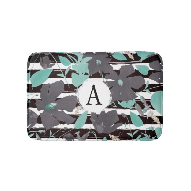 Floral Monogramed Gray Mint Stripe Pattern Bath Mat (Front)