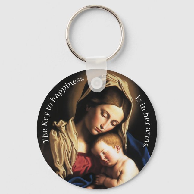 Floral Monogrammed Blessed Mother Key Ring (Front)