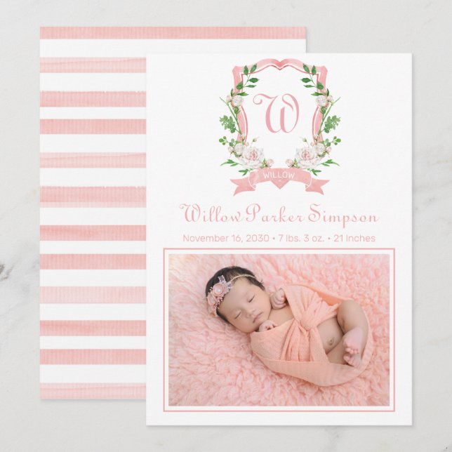 Floral Monogrammed Crest Birth Announcement (Front/Back)