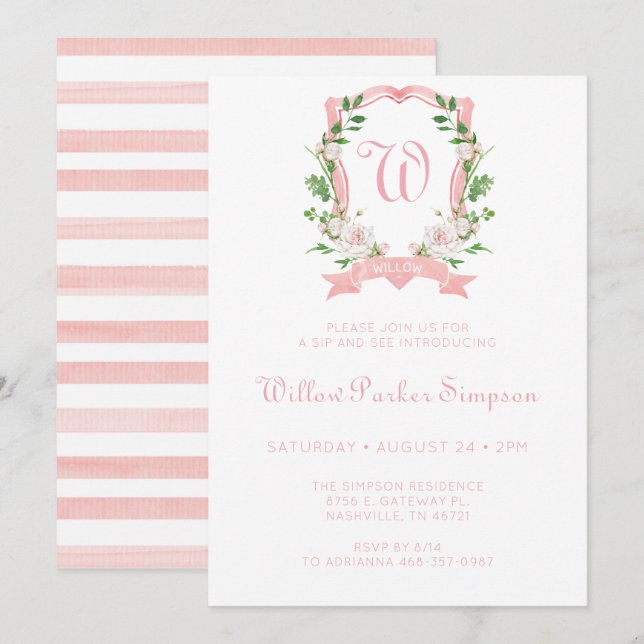Floral Monogrammed Crest Girl Sip And See Invitation (Front/Back)
