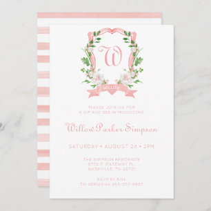 Floral Monogrammed Crest Girl Sip And See Invitation
