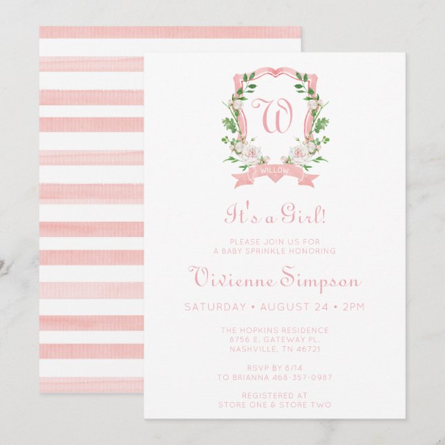Floral Monogrammed Crest It's A Girl Baby Sprinkle Invitation (Front/Back)
