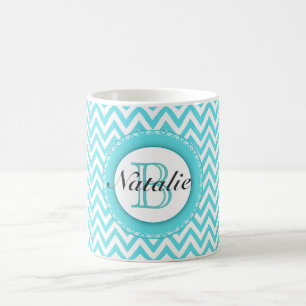 Floral Monogrammed Turquoise Blue Chevron Pattern Coffee Mug