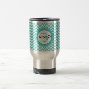 Floral Monogrammed Turquoise Blue Chevron Pattern Travel Mug