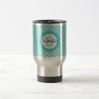 Floral Monogrammed Turquoise Blue Chevron Pattern Travel Mug
