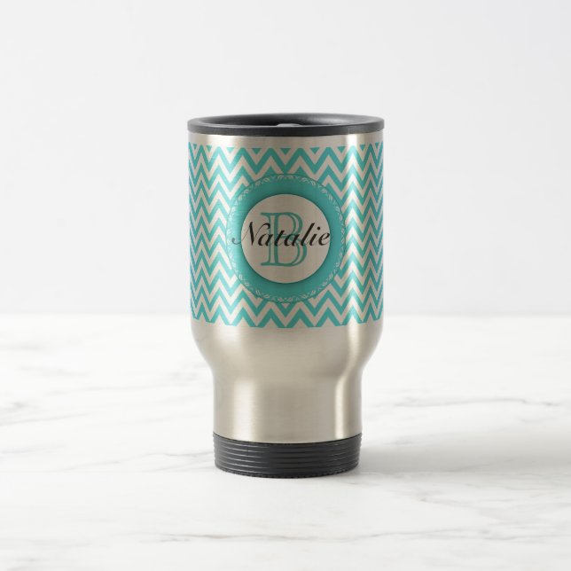 Floral Monogrammed Turquoise Blue Chevron Pattern Travel Mug (Center)