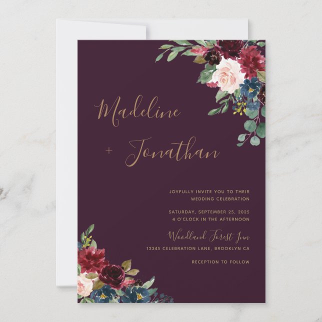 Floral Moody Amethyst Plum Jewel Tone Wedding Invitation (Front)