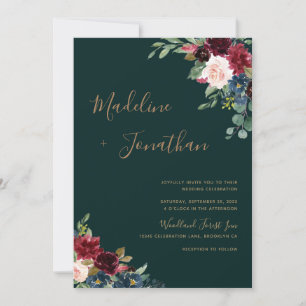 Floral Moody Emerald Green Jewel Tone Wedding Invitation
