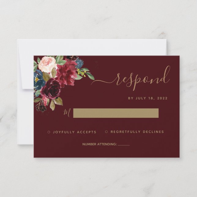 Floral Moody Ruby Red Jewel Tone Wedding RSVP Card (Front)