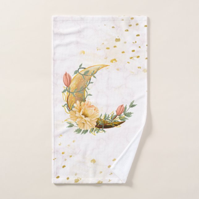 Floral Moon, Beige and Yellow Graphic Bath Towel Set (Hand Towel)