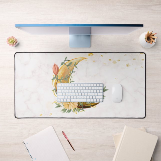 Floral Moon, Beige and Yellow Nature Design Desk Mat (Office 1)