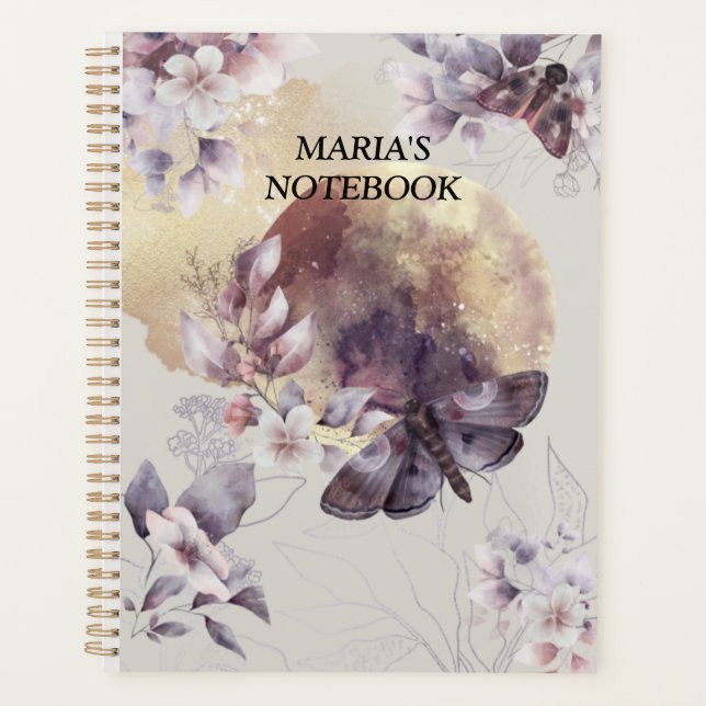 Floral Moon Cat Butterflies watercolor purple Planner (Front)