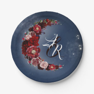 Floral Moon   Navy and Burgundy Wedding Paper Plate